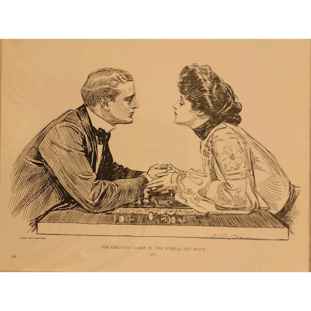 1906 Charles Dana Gibson Chess Game Lovers Girl Print